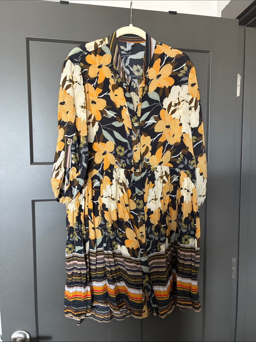 Tiered Floral Midi Dress in Black and Mustard
